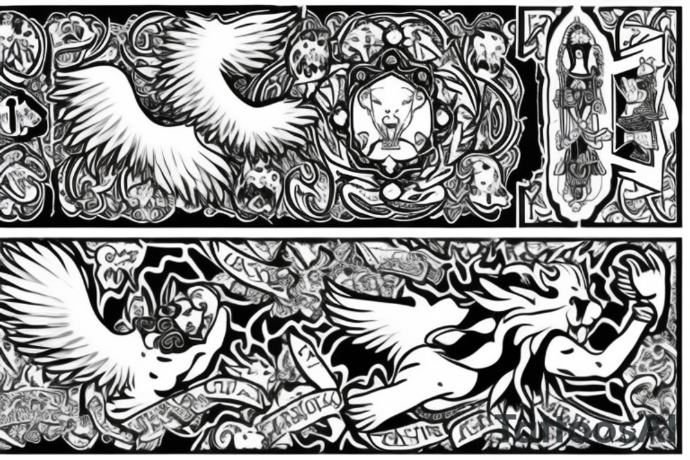 black and white with the lettering Springfield with an angel praying and a lion tattoo idea black and white with the lettering Springfield with an angel praying and a lion tattoo idea