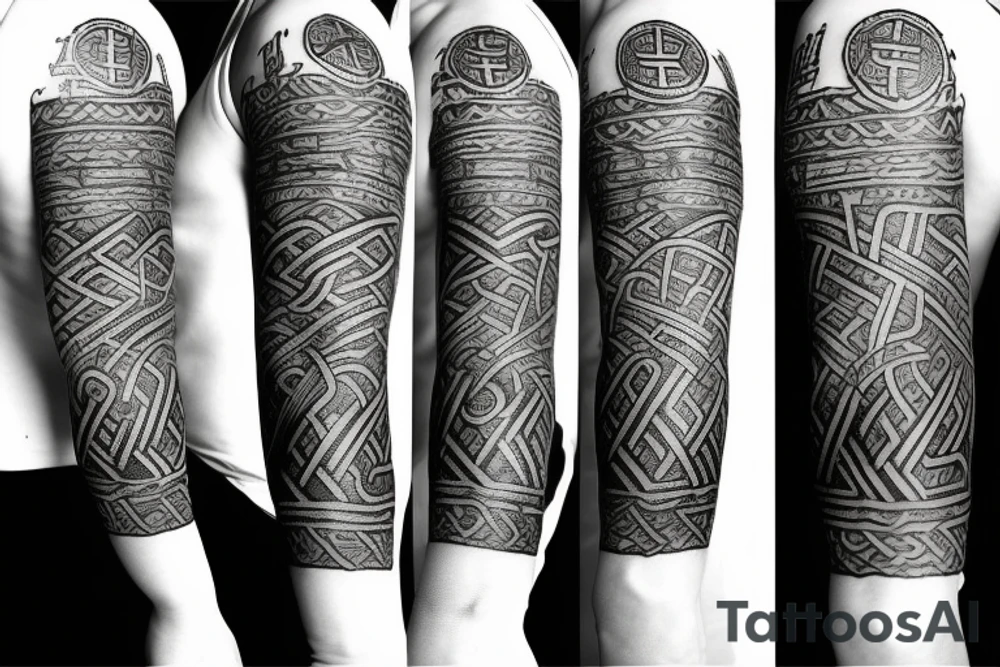 Full left arm in vikings runes tattoo idea