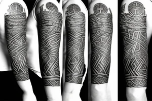 Full left arm in vikings runes tattoo idea
