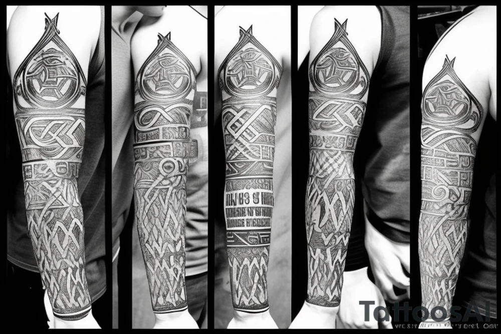 Full left arm in vikings runes tattoo idea
