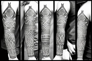 Full left arm in vikings runes tattoo idea