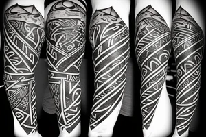 Full left arm in vikings runes tattoo idea