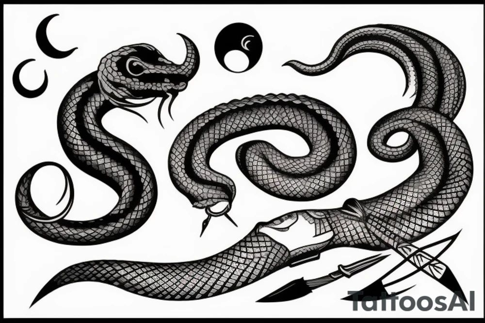 Vertical snake with sickle moon overhead tattoo idea