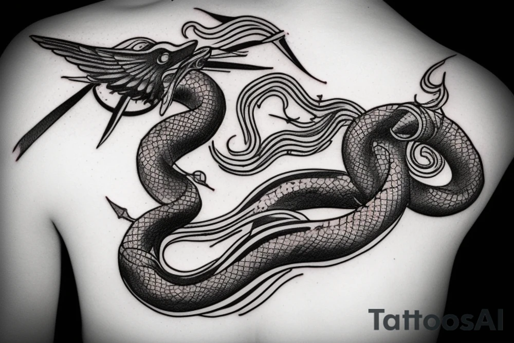 Vertical snake with sickle moon overhead tattoo idea