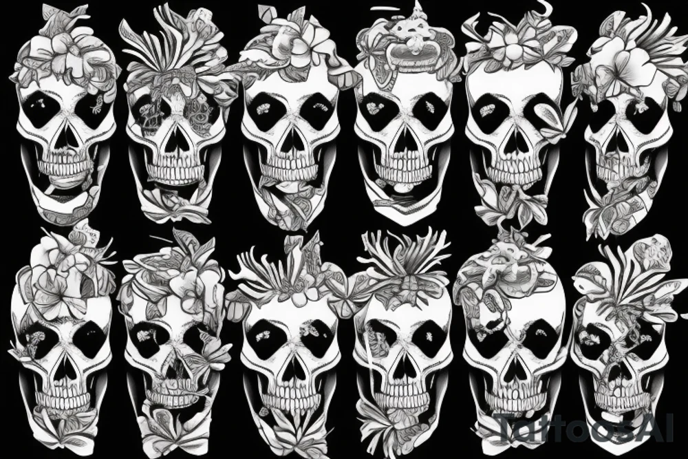 a skeleton with a hawaiian shirt and a garland in his neck laying next to a palm tree with a treasure map tattoo idea