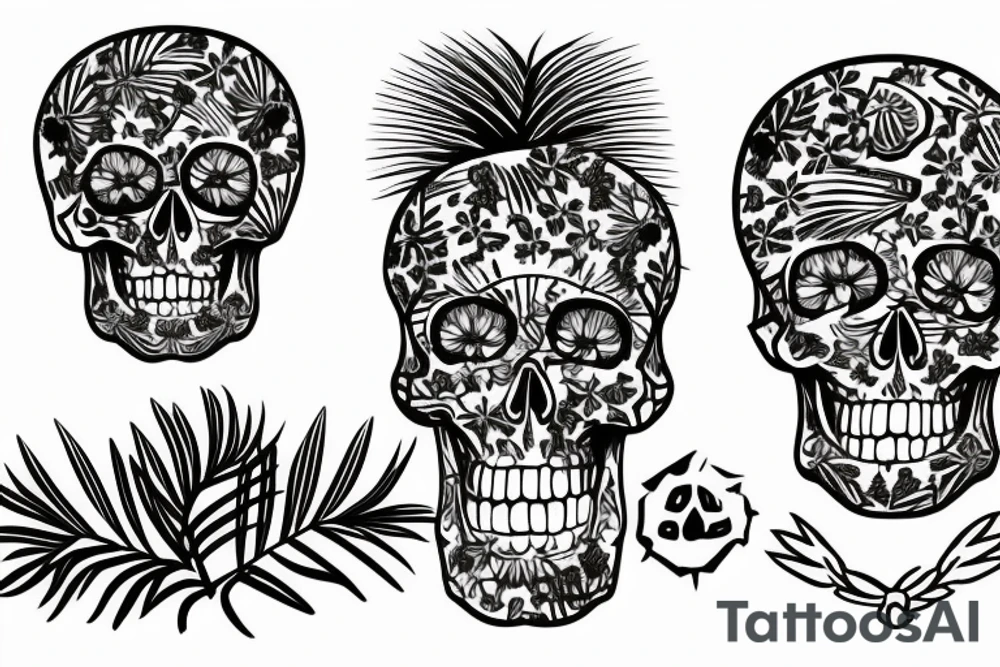 a skeleton with a hawaiian shirt and a garland in his neck laying next to a palm tree with a treasure map tattoo idea