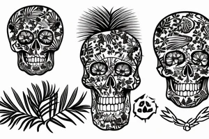 a skeleton with a hawaiian shirt and a garland in his neck laying next to a palm tree with a treasure map tattoo idea