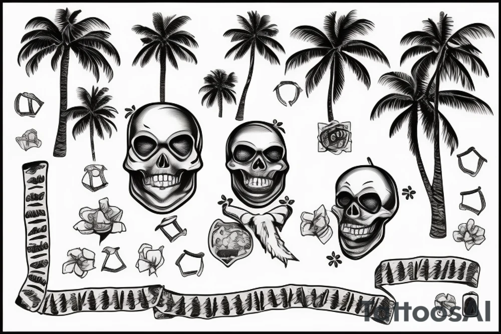 a skeleton laying next to a palm tree with a hawaiian shirt and a garland in his neck with a treasure map tattoo idea