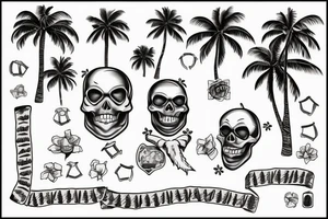 a skeleton laying next to a palm tree with a hawaiian shirt and a garland in his neck with a treasure map tattoo idea