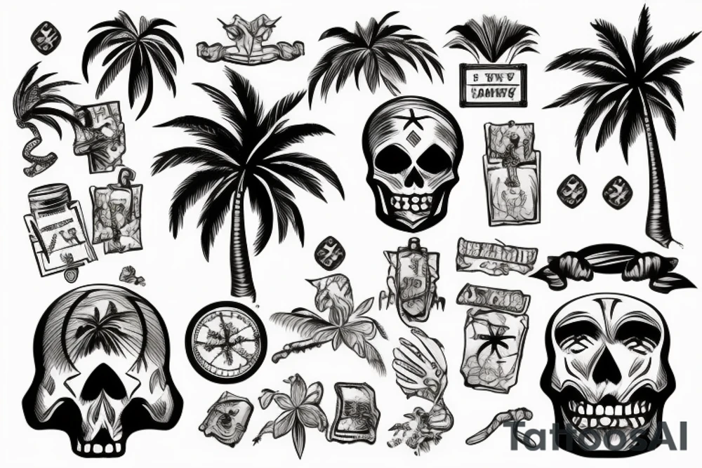 a skeleton laying next to a palm tree with a hawaiian shirt and a garland in his neck with a treasure map tattoo idea