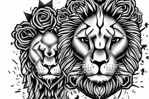 stone lion stature turning into a real lion With a rose tattoo idea