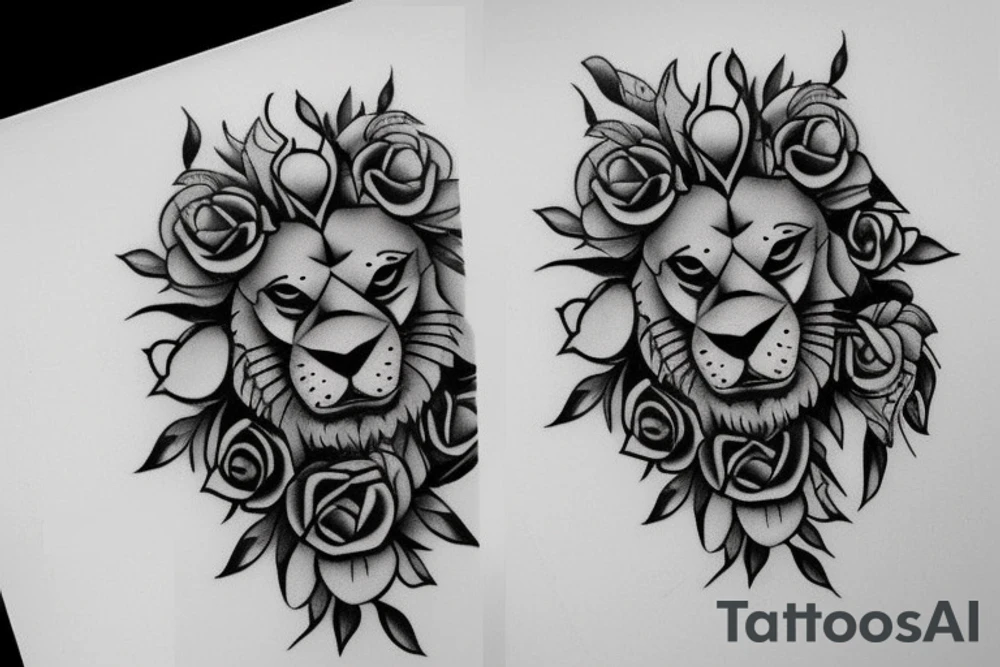 stone lion turning into a real lion With a rose tattoo idea