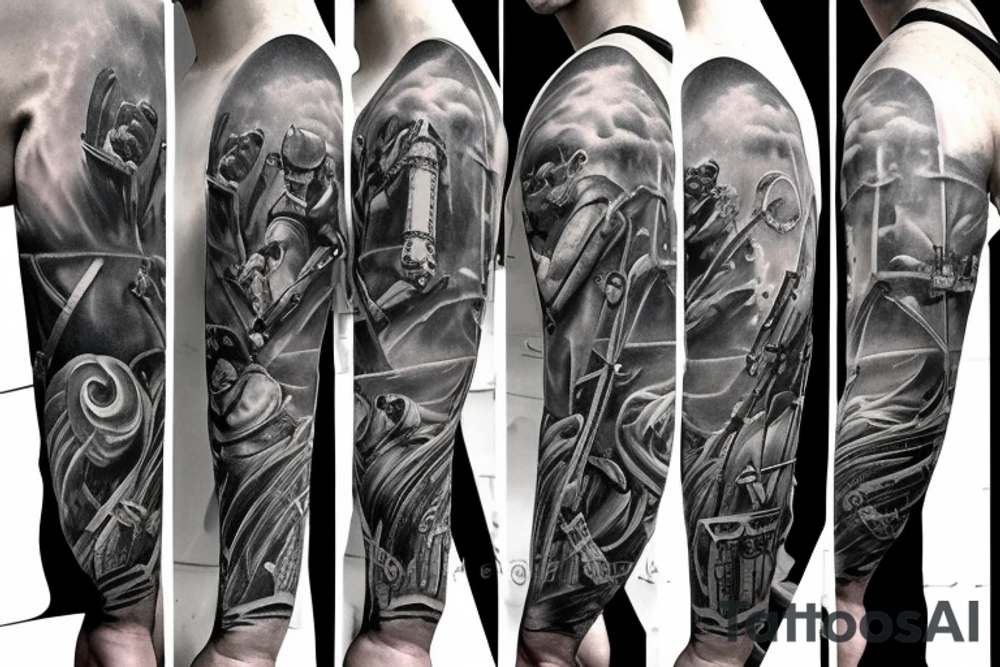 Full sleeve, Marine Corps, Battle, War, Firefighter tattoo idea Full sleeve, Marine Corps, Battle, War, Firefighter tattoo idea