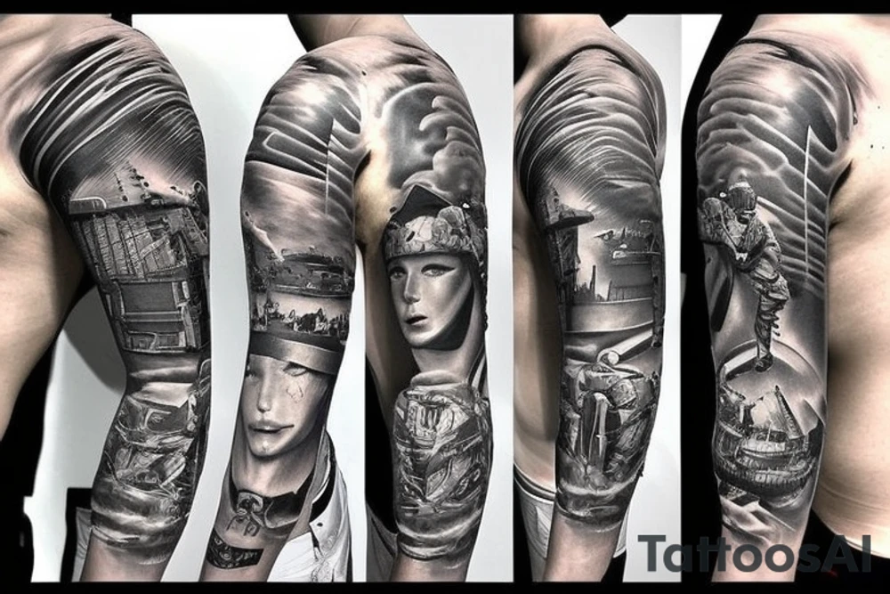 Full sleeve, Marine Corps, Battle, War, Firefighter tattoo idea Full sleeve, Marine Corps, Battle, War, Firefighter tattoo idea