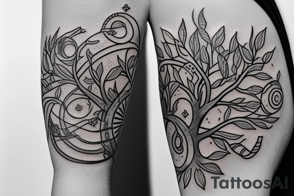 A combination of the symbols: tree, sunbeam and fish tattoo idea