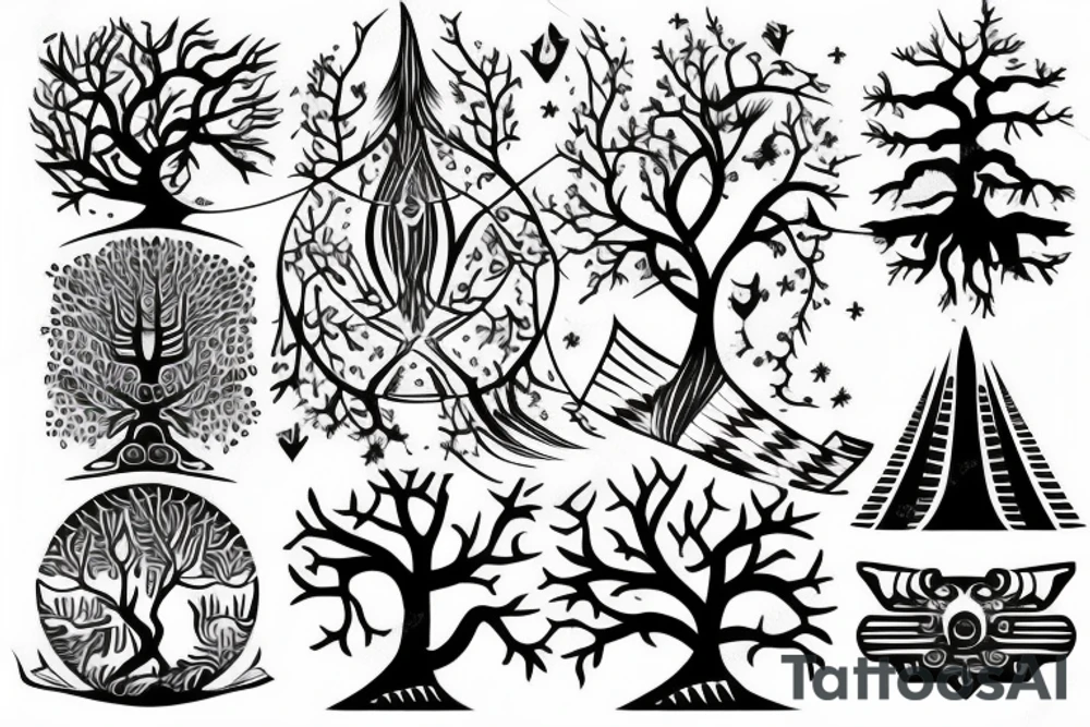 A combination of the symbols: tree, sunbeam and fish tattoo idea