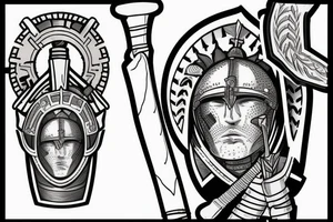 roman soldier holding shield and sword with fully armored tattoo idea