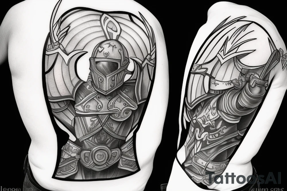 epic warrior with helmet, body armor, sword and shield tattoo idea