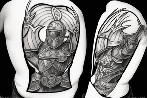 epic warrior with helmet, body armor, sword and shield tattoo idea