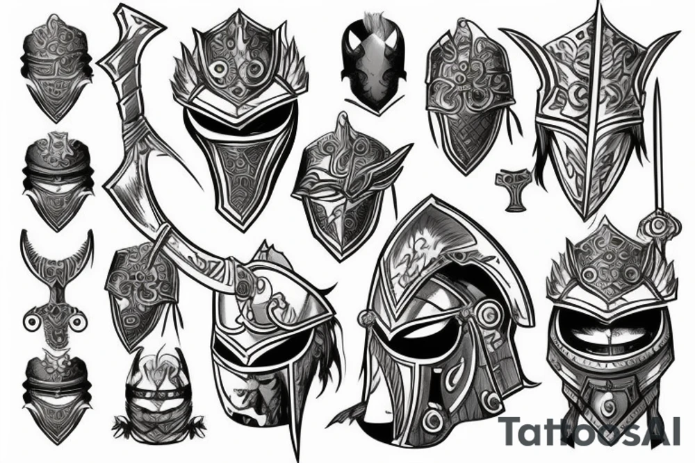 epic warrior with helmet, body armor, sword and shield tattoo idea