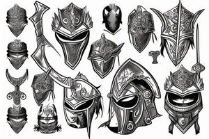 epic warrior with helmet, body armor, sword and shield tattoo idea