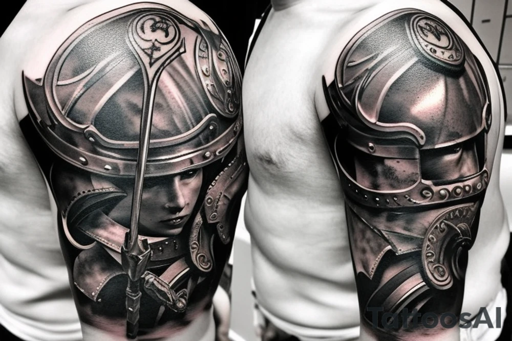 epic warrior with helmet, body armor, sword and shield tattoo idea epic warrior with helmet, body armor, sword and shield tattoo idea