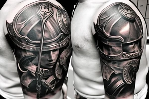 epic warrior with helmet, body armor, sword and shield tattoo idea