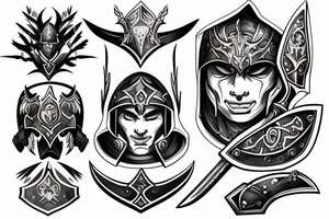epic warrior with helmet, body armor, sword and shield tattoo idea