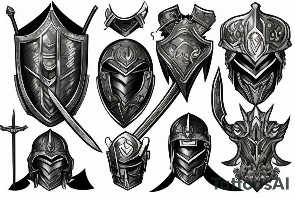 epic and masculine warrior with helmet, body armor, sword and shield tattoo idea epic and masculine warrior with helmet, body armor, sword and shield tattoo idea
