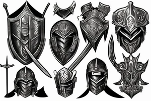 epic and masculine warrior with helmet, body armor, sword and shield tattoo idea