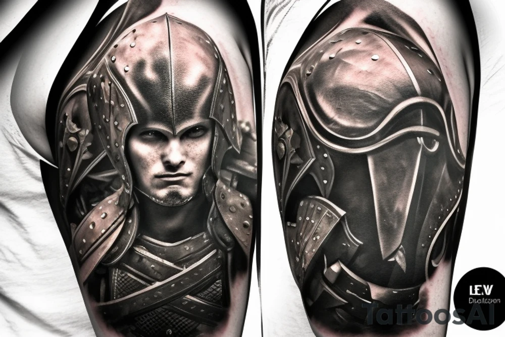 epic and masculine warrior with helmet, body armor, sword and shield tattoo idea
