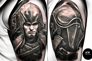epic and masculine warrior with helmet, body armor, sword and shield tattoo idea
