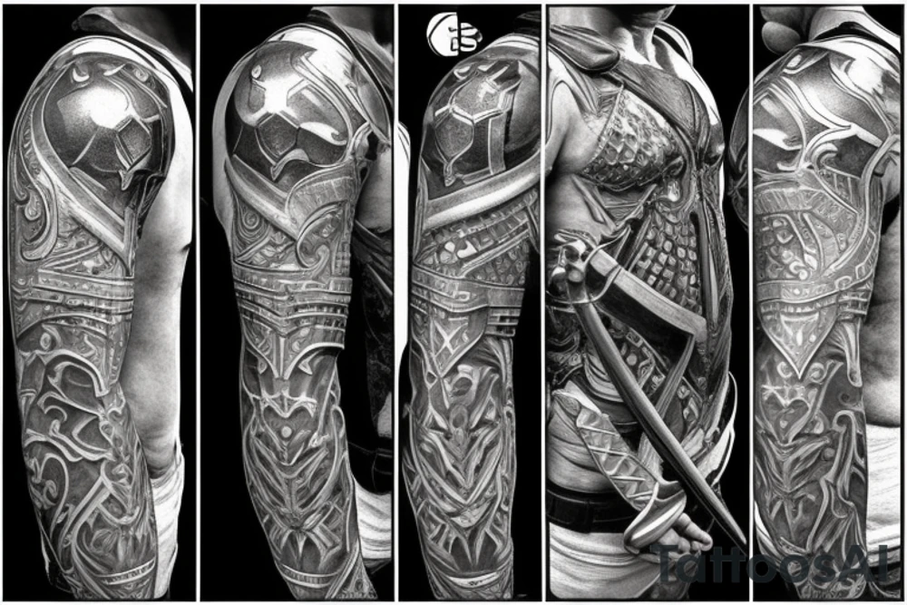 epic and masculine warrior with helmet, body armor, sword and shield. Full body visible and standing. tattoo idea