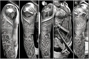 epic and masculine warrior with helmet, body armor, sword and shield. Full body visible and standing. tattoo idea