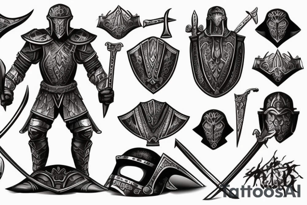 epic and masculine warrior with helmet, body armor, sword and shield. Full body visible and standing. tattoo idea