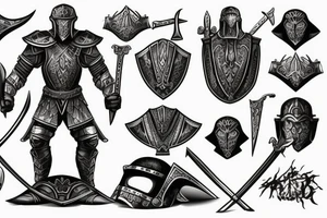 epic and masculine warrior with helmet, body armor, sword and shield. Full body visible and standing. tattoo idea