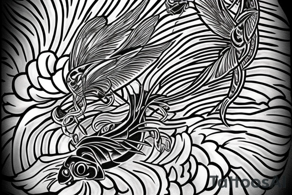 Tiger watching a dragonfly who is trying to become a phoenix, underneath is a koi fish tattoo idea