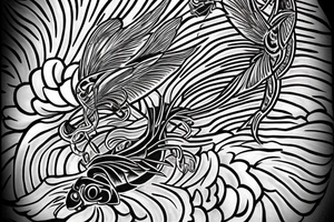 Tiger watching a dragonfly who is trying to become a phoenix, underneath is a koi fish tattoo idea