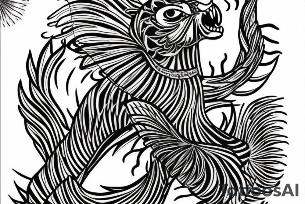 Tiger watching a dragonfly who is trying to become a phoenix, underneath is a koi fish tattoo idea