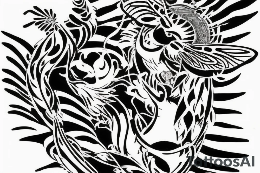 Tiger watching a dragonfly who is trying to become a phoenix tattoo idea