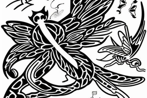 Tiger watching a dragonfly who is trying to become a phoenix tattoo idea