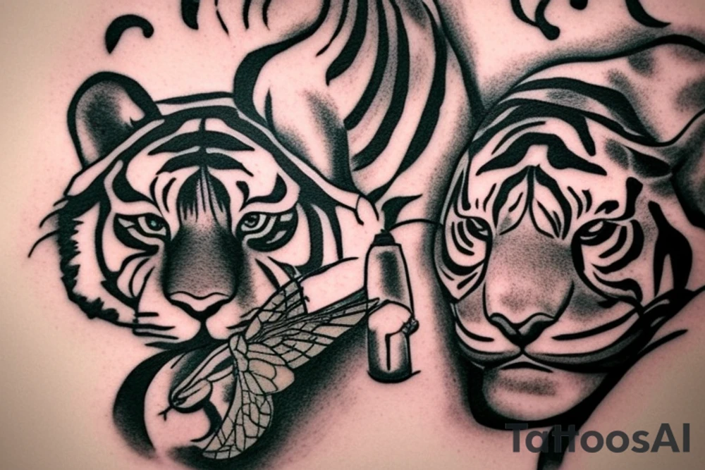 Tiger watching a dragonfly who is trying to become a phoenix tattoo idea Tiger watching a dragonfly who is trying to become a phoenix tattoo idea