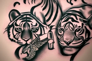 Tiger watching a dragonfly who is trying to become a phoenix tattoo idea