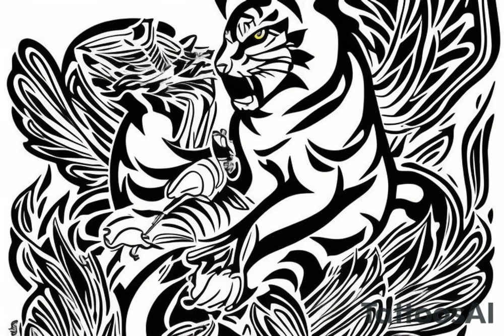Tiger watching a dragonfly who is trying to become a phoenix tattoo idea
