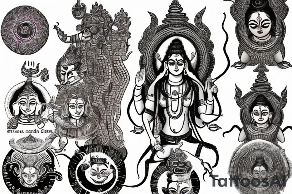 Lord shiva with hole universe and shiva mantra writen on sanskrit tattoo idea