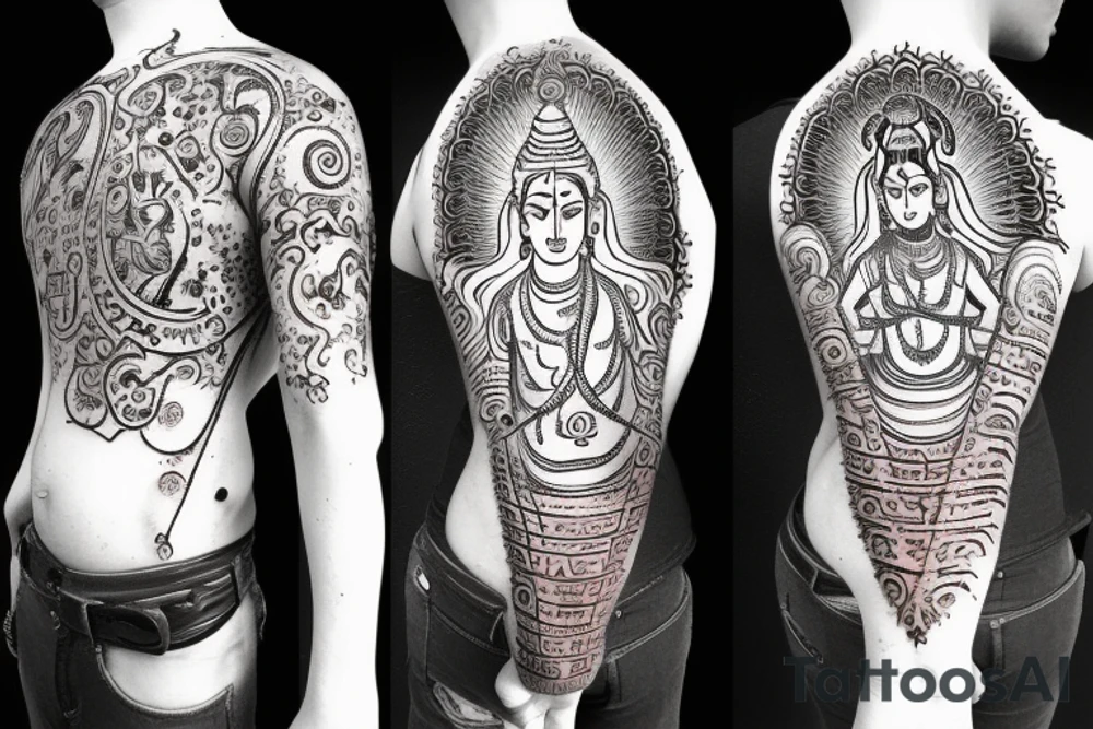 Lord shiva with hole universe and shiva mantra writen on sanskrit tattoo idea