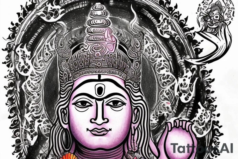 Lord shiva with hole universe and shiva mantra writen on sanskrit and multi colours tattoo idea