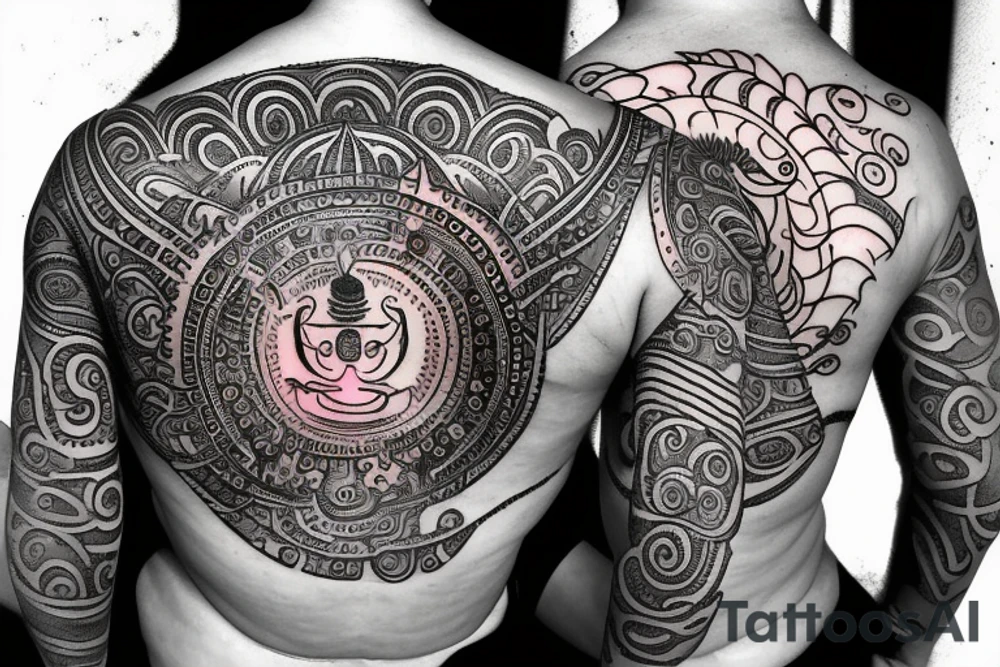 Lord shiva with hole universe and shiva mantra writen on sanskrit and multi colours tattoo idea