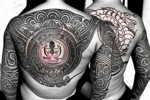 Lord shiva with hole universe and shiva mantra writen on sanskrit and multi colours tattoo idea