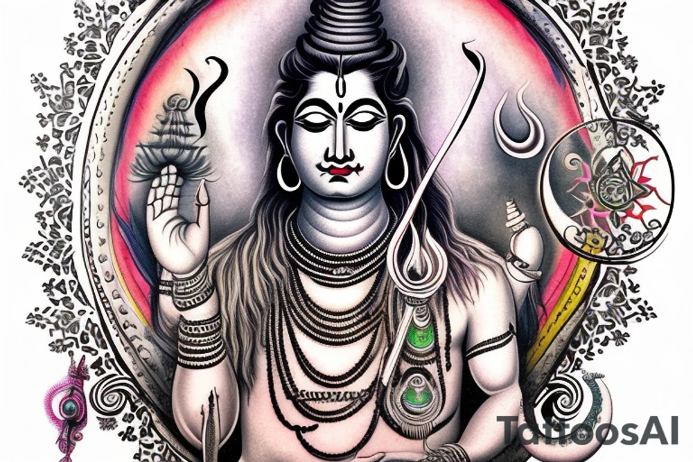 Lord shiva with hole universe and shiva mantra writen on sanskrit and multi colours tattoo idea